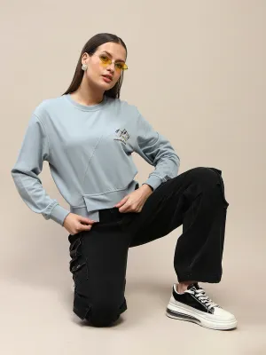 Madame Cotton Embroidery Detailed Light Sky Crop Sweatshirt product sustainable future
