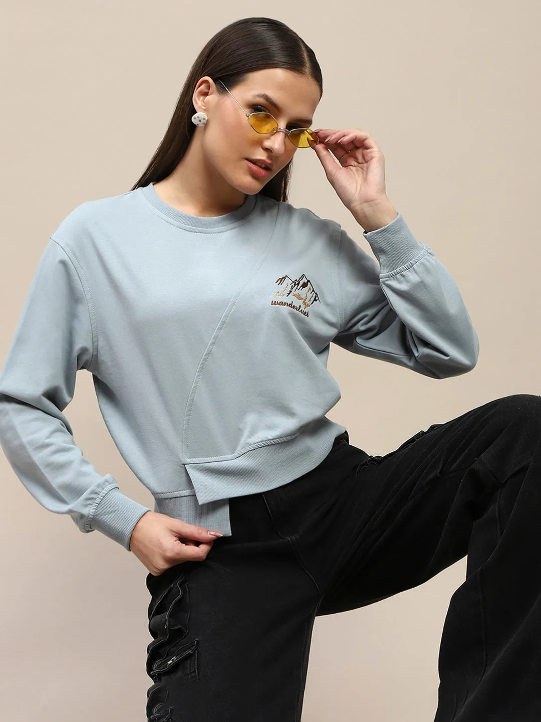 hook accents Madame Cotton Embroidery Detailed Light Sky Crop Sweatshirt