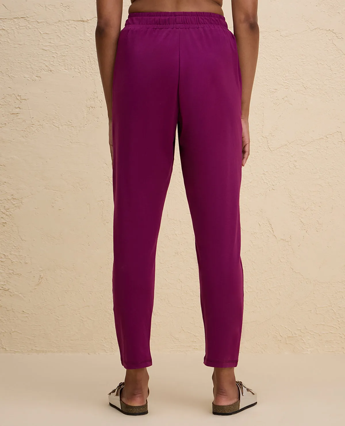 Nykd By Nykaa All Day Cotton Comfort Pant with Zip Pockets-NYAT502-Wine pilling resistant DoubleLayeredHem