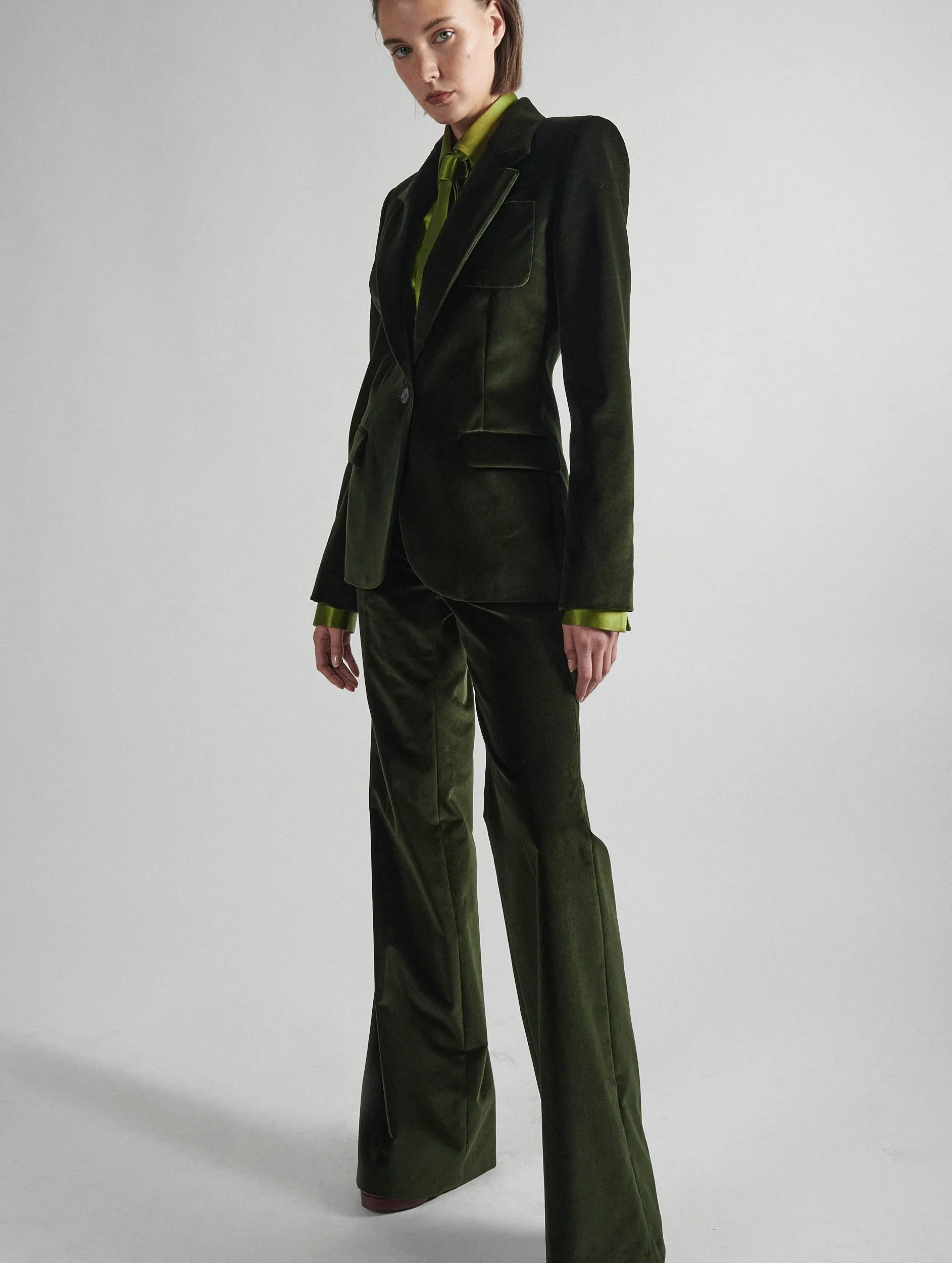 Mesh Lined Move Comfort Bootleg suit trousers in green velvet