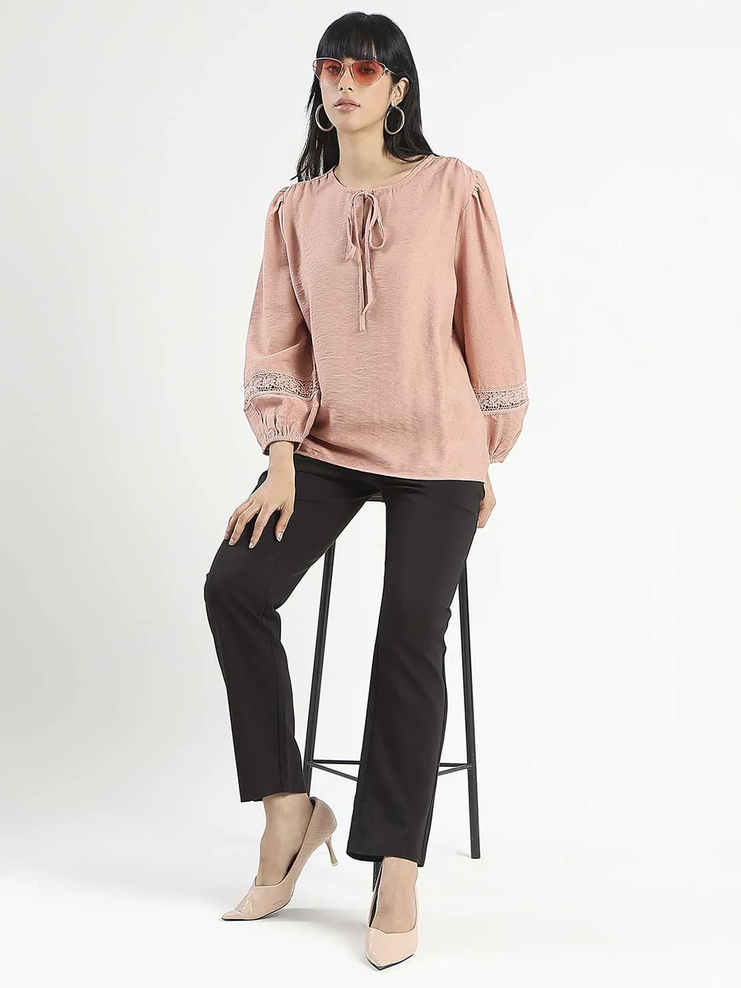 No Iron Layered Comfort Madame High-Waist Cotton Blend Black Trousers