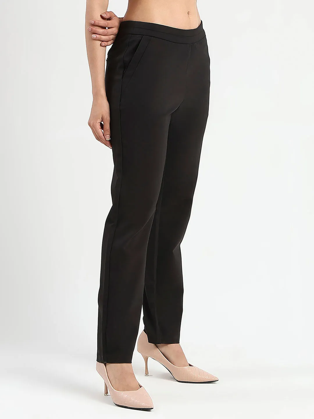 High Quality Material Madame High-Waist Cotton Blend Black Trousers