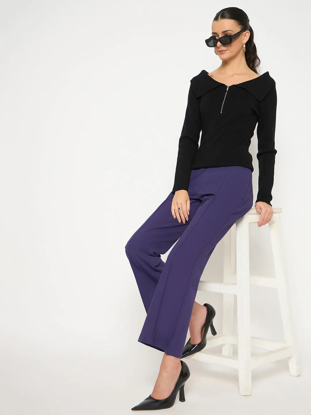 Madame Pleated Flared Purple Trousers Sleek Look