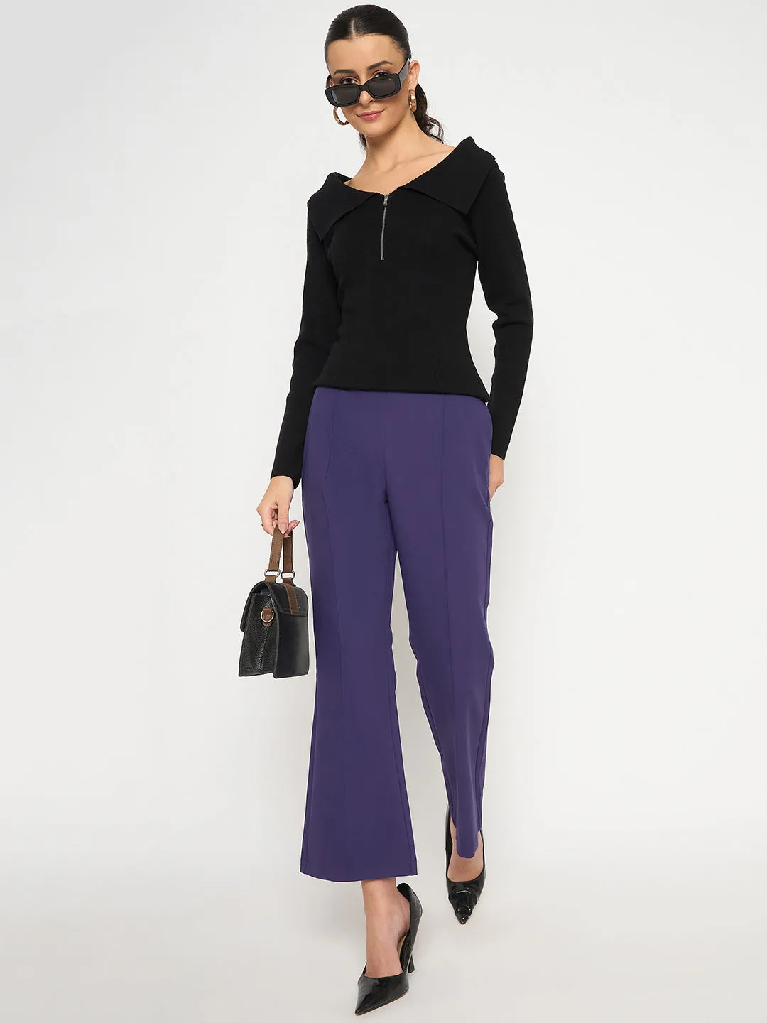 Breathable Layer Reinforced Knees Madame Pleated Flared Purple Trousers