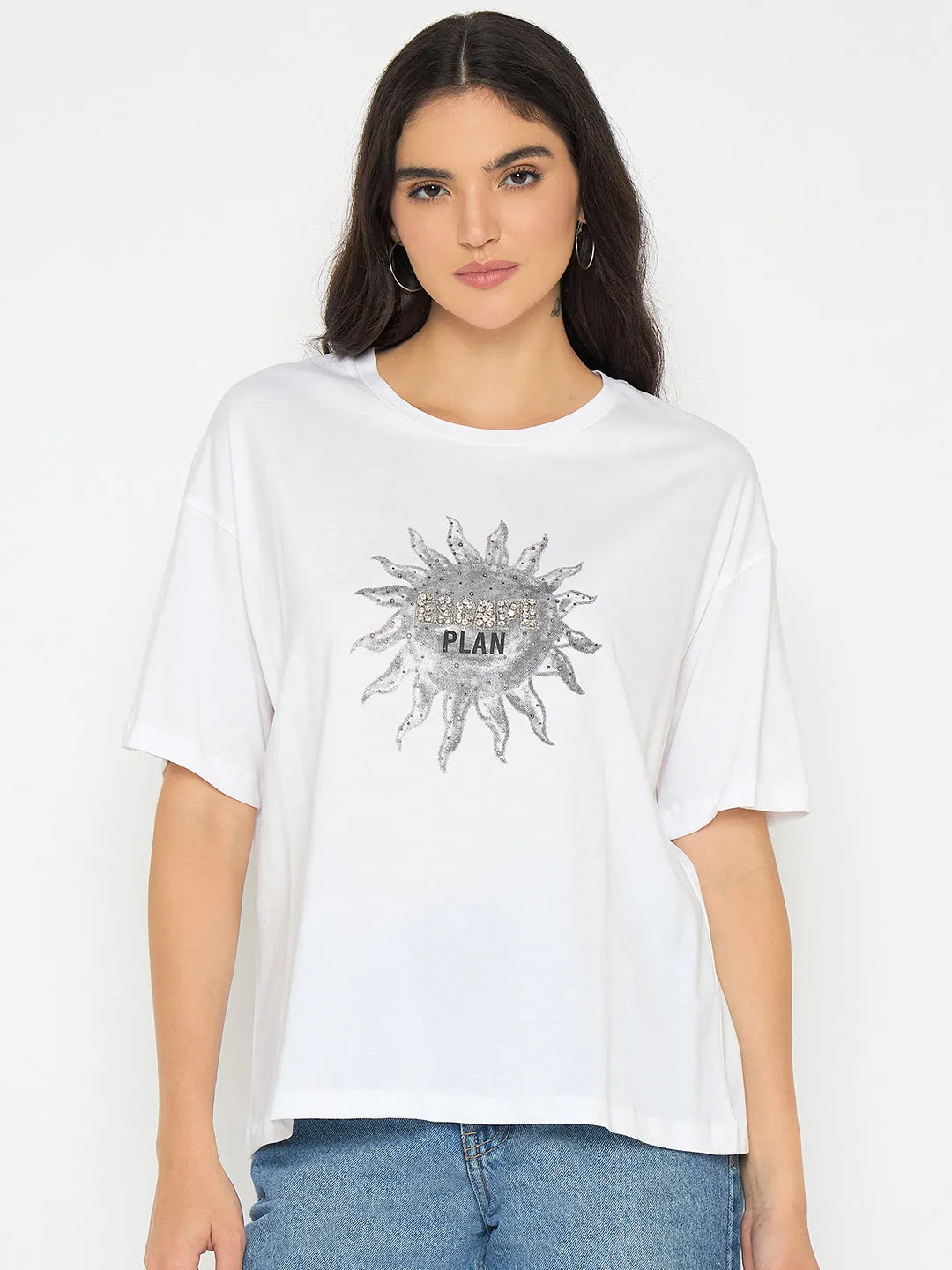 Madame Graphic Print White Cotton T-shirt Sporty Look
