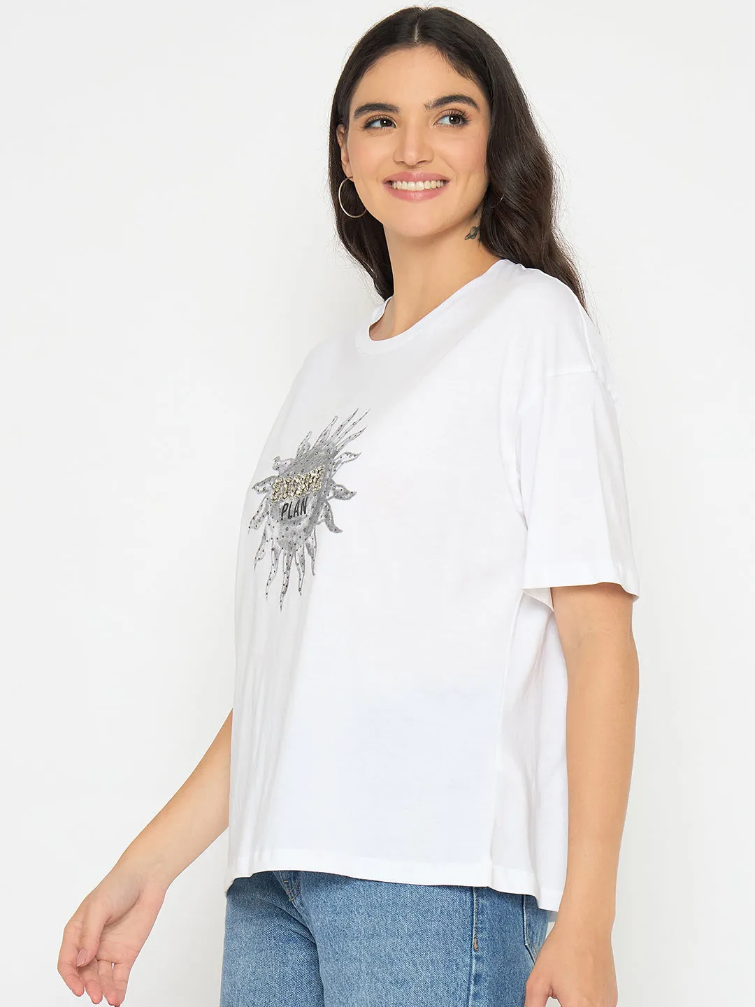 Madame Graphic Print White Cotton T-shirt color blocking
