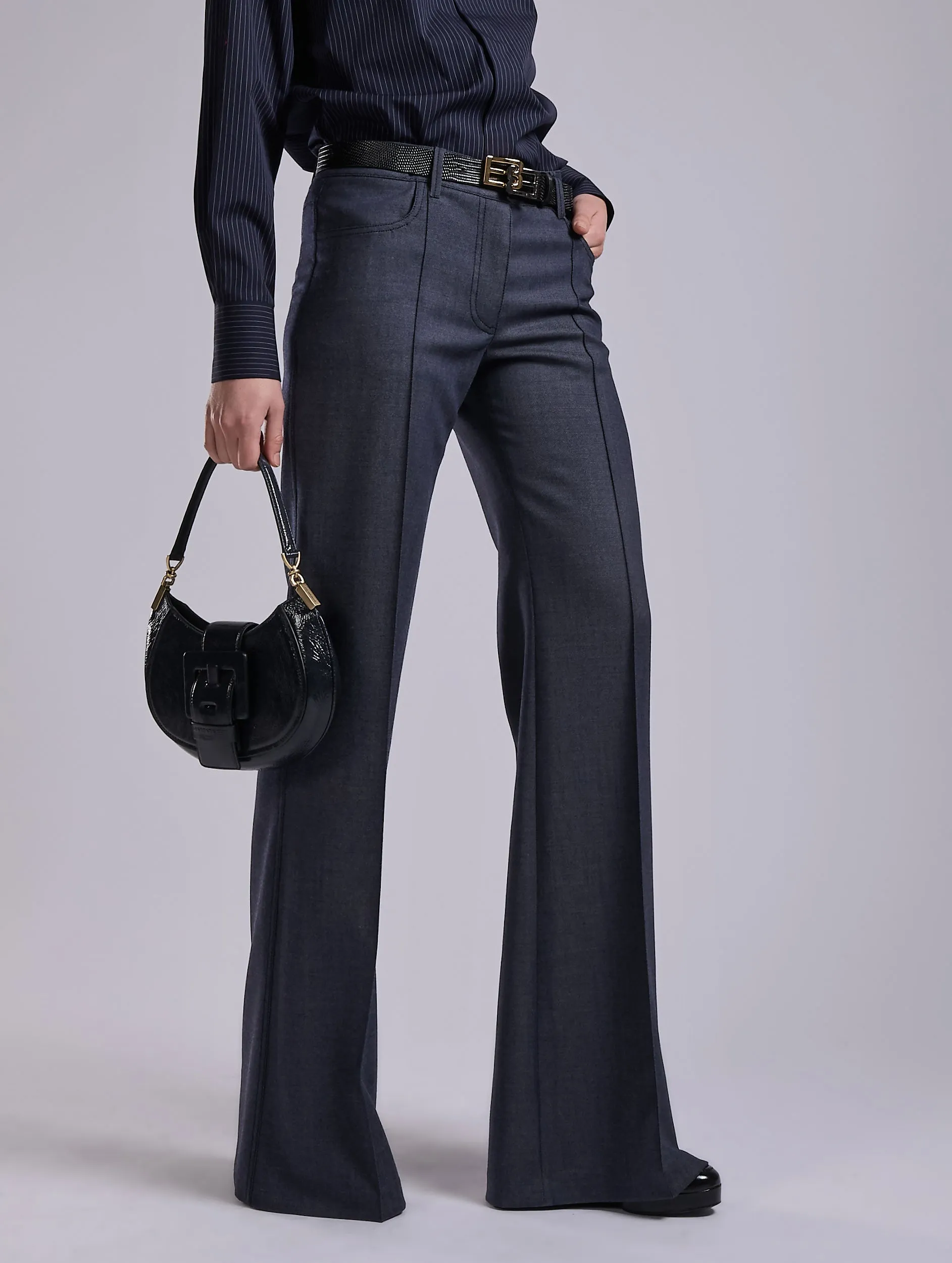 Practical Wear Flared Super 100 wool denim effect trousers