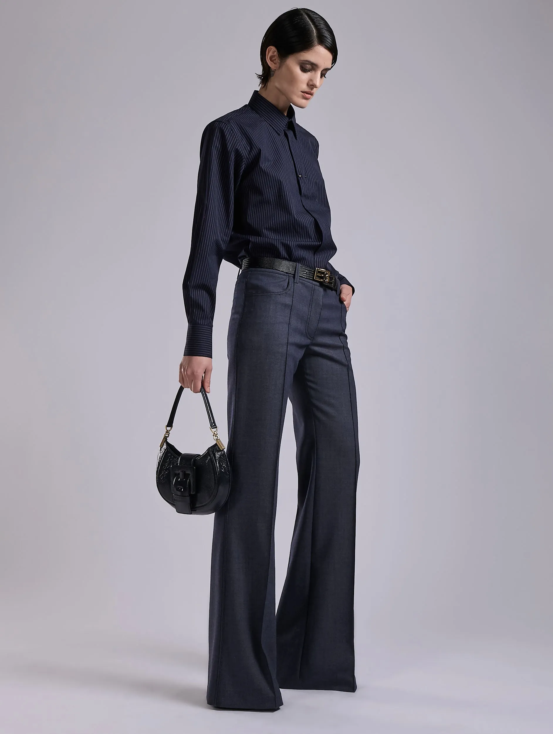 Flared Super 100 wool denim effect trousers ComfortWaistband Cool Weather