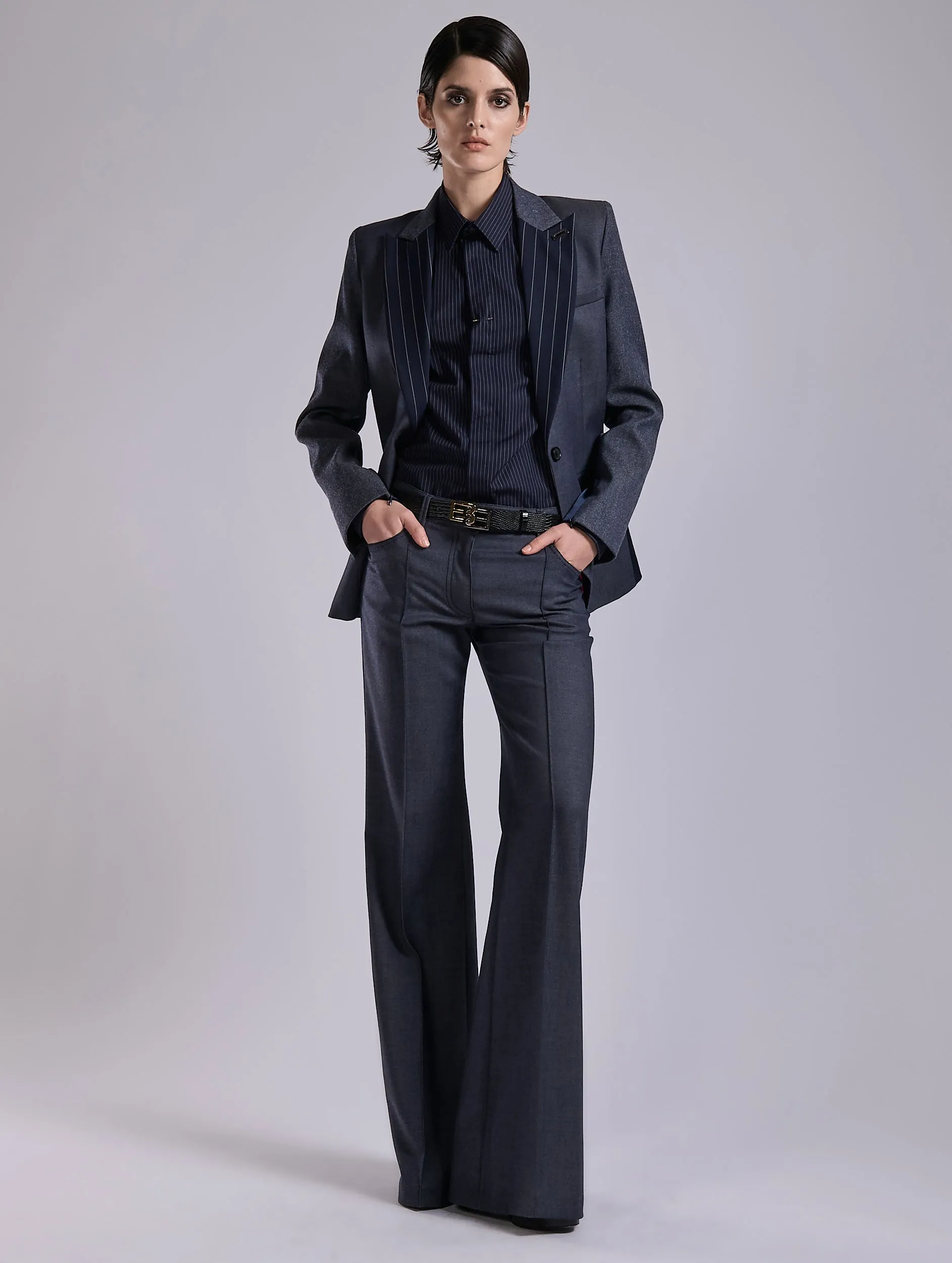 slim fit Soft Brush Lining Flared Super 100 wool denim effect trousers
