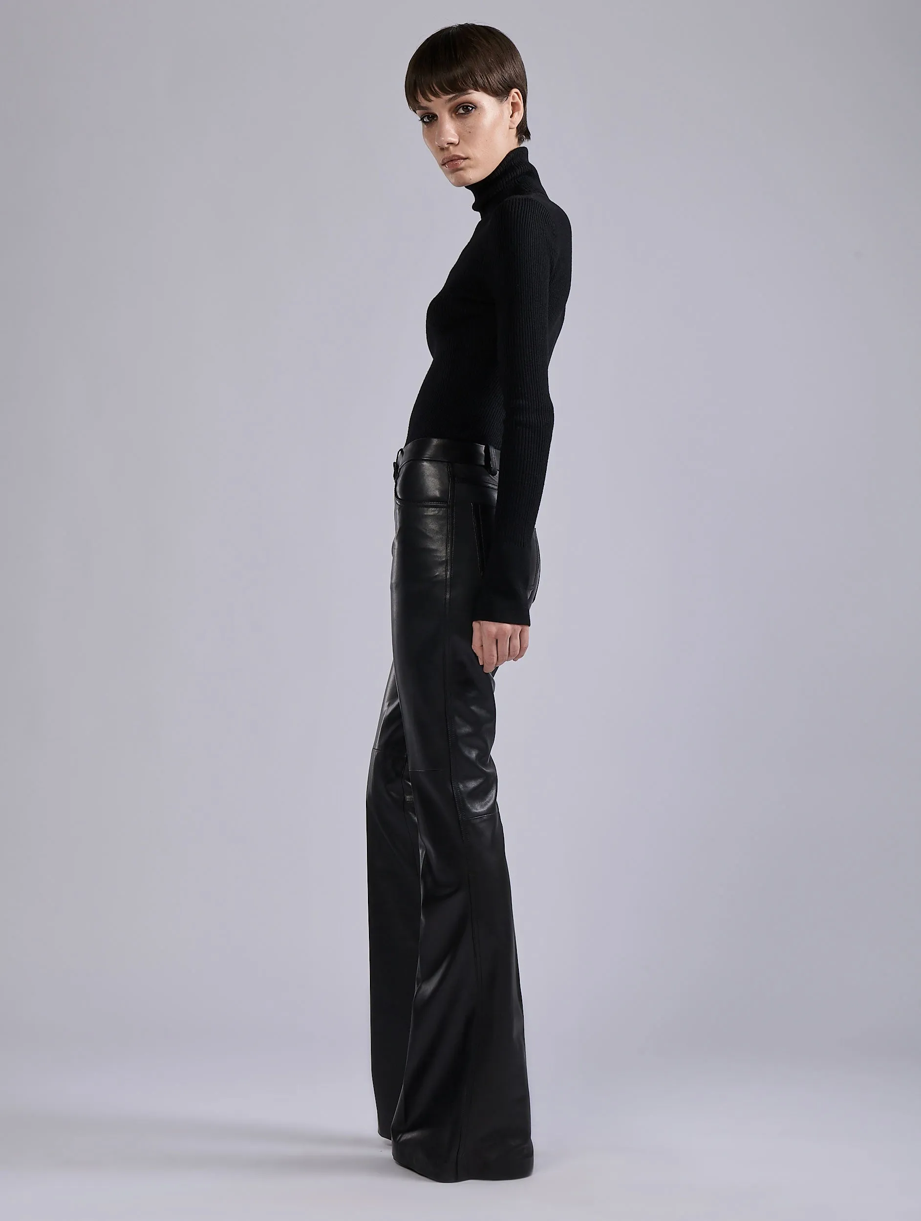Black plong?? leather flare trousers Quick Access Pockets Durable Hem