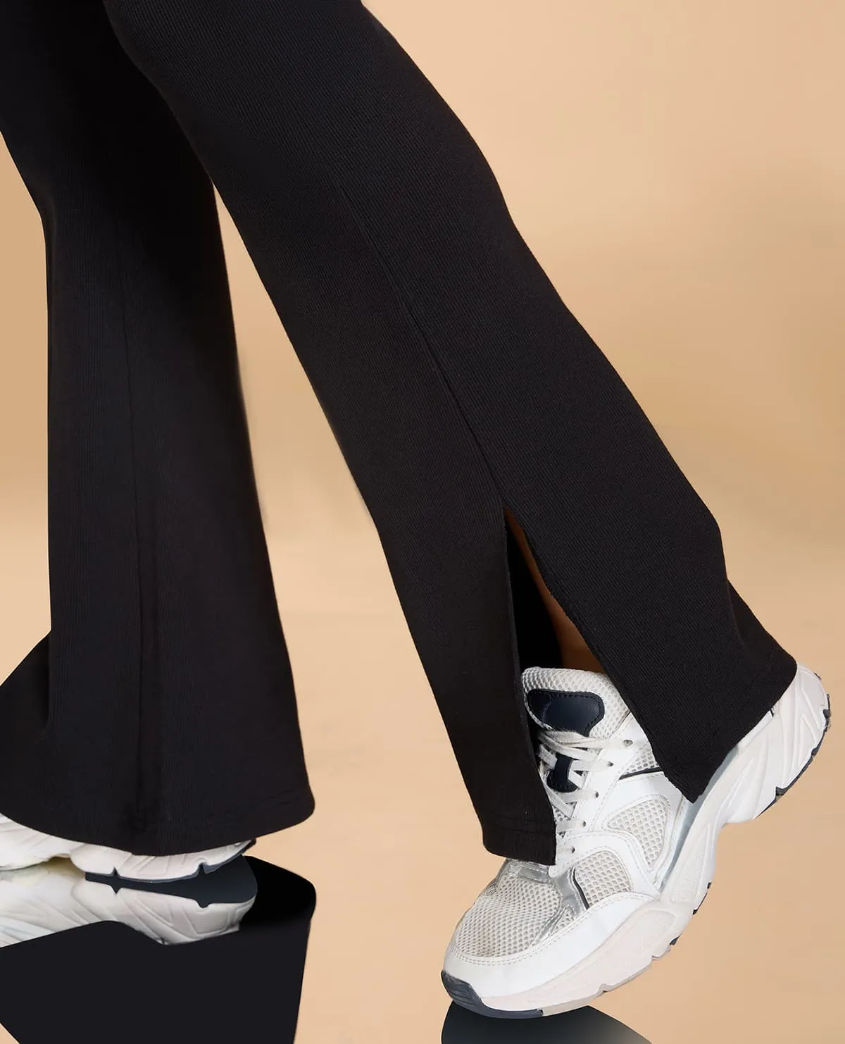Elasticized Cuffs High Waist Ribbed Flared Pants