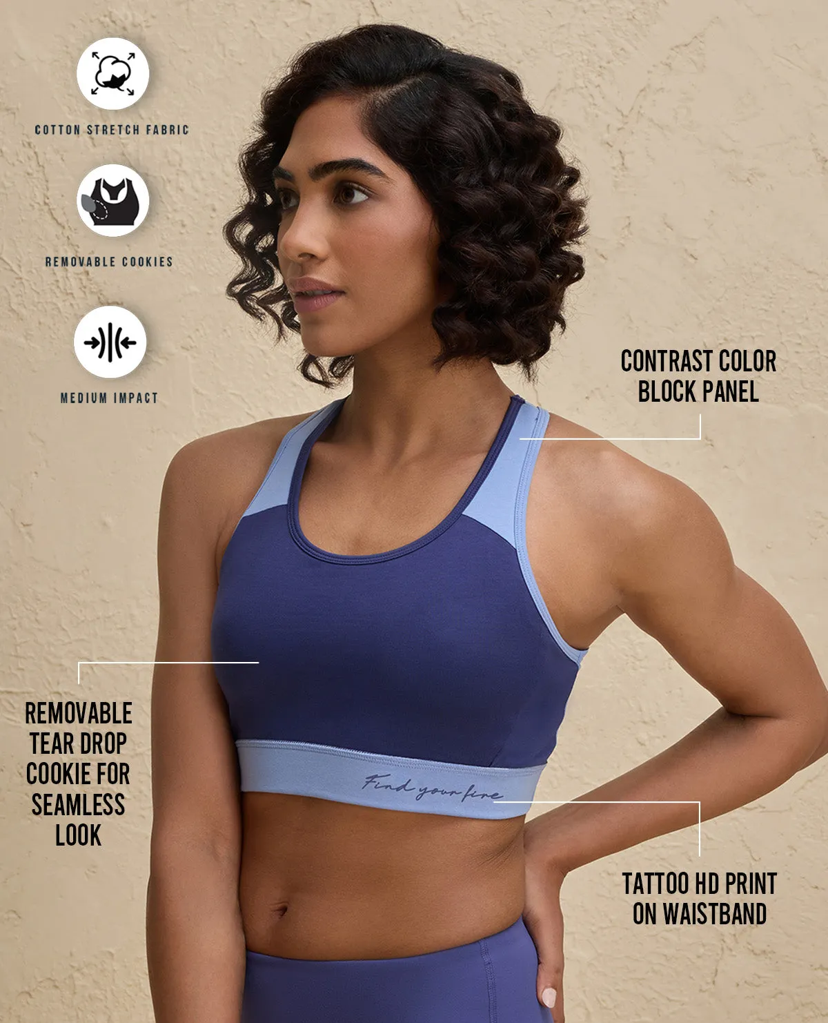 Nykd By Nykaa Essential Breathable Cotton Slip On Color Block Sports Bra -NYK904-Blue Secure fit Versatile Closure