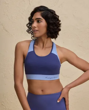 Nykd By Nykaa Essential Breathable Cotton Slip On Color Block Sports Bra -NYK904-Blue Embroidered edges seams Embellished