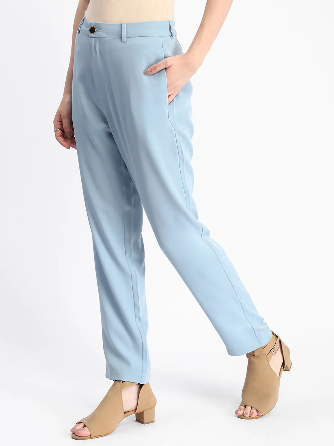 Noise Reduciting Fabric Dark wash Madame Sky Blue Tapered Fit Trousers