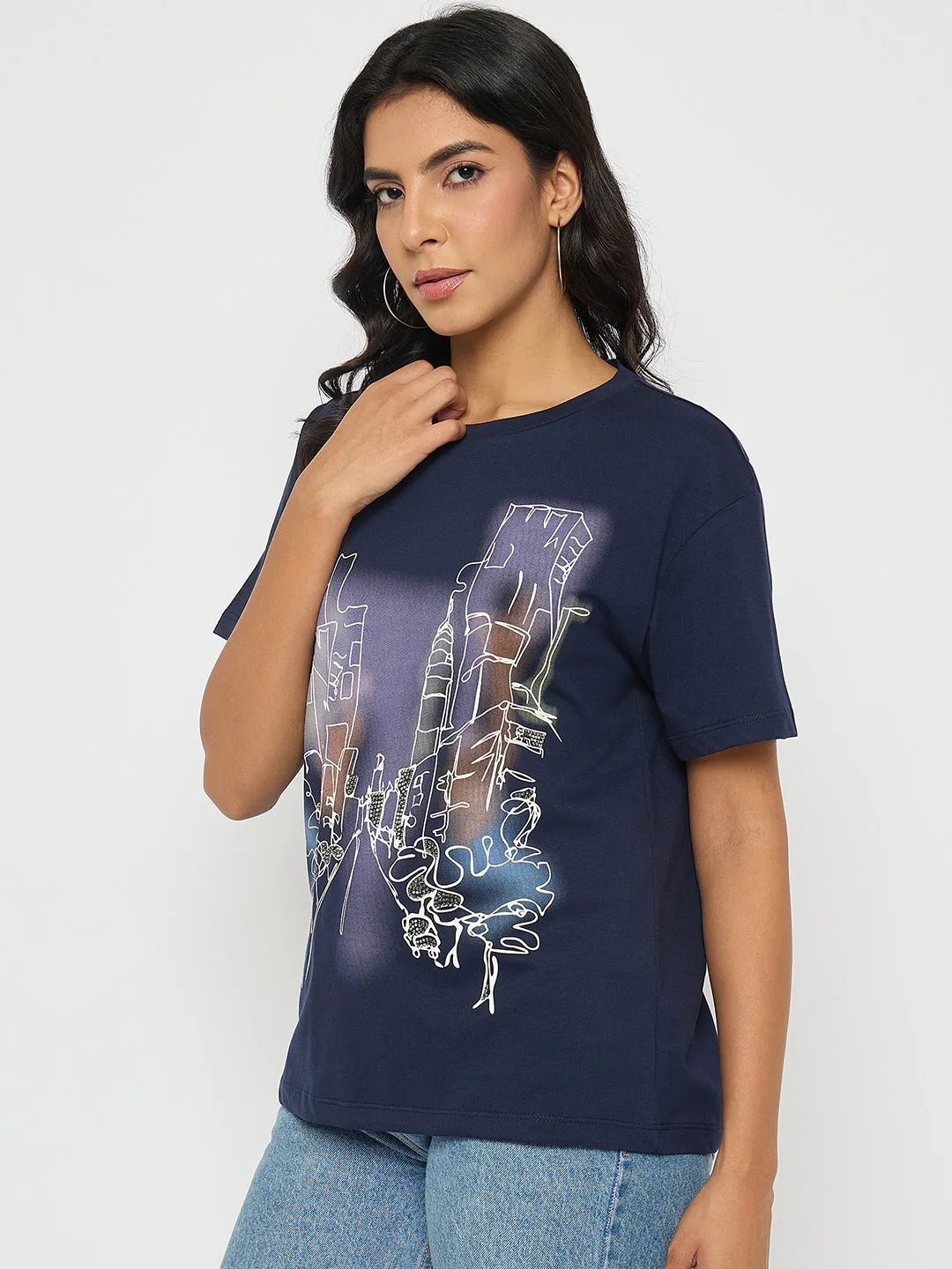 Madame Graphic Print Navy Blue Cotton T-shirt Casual Comfort Wear