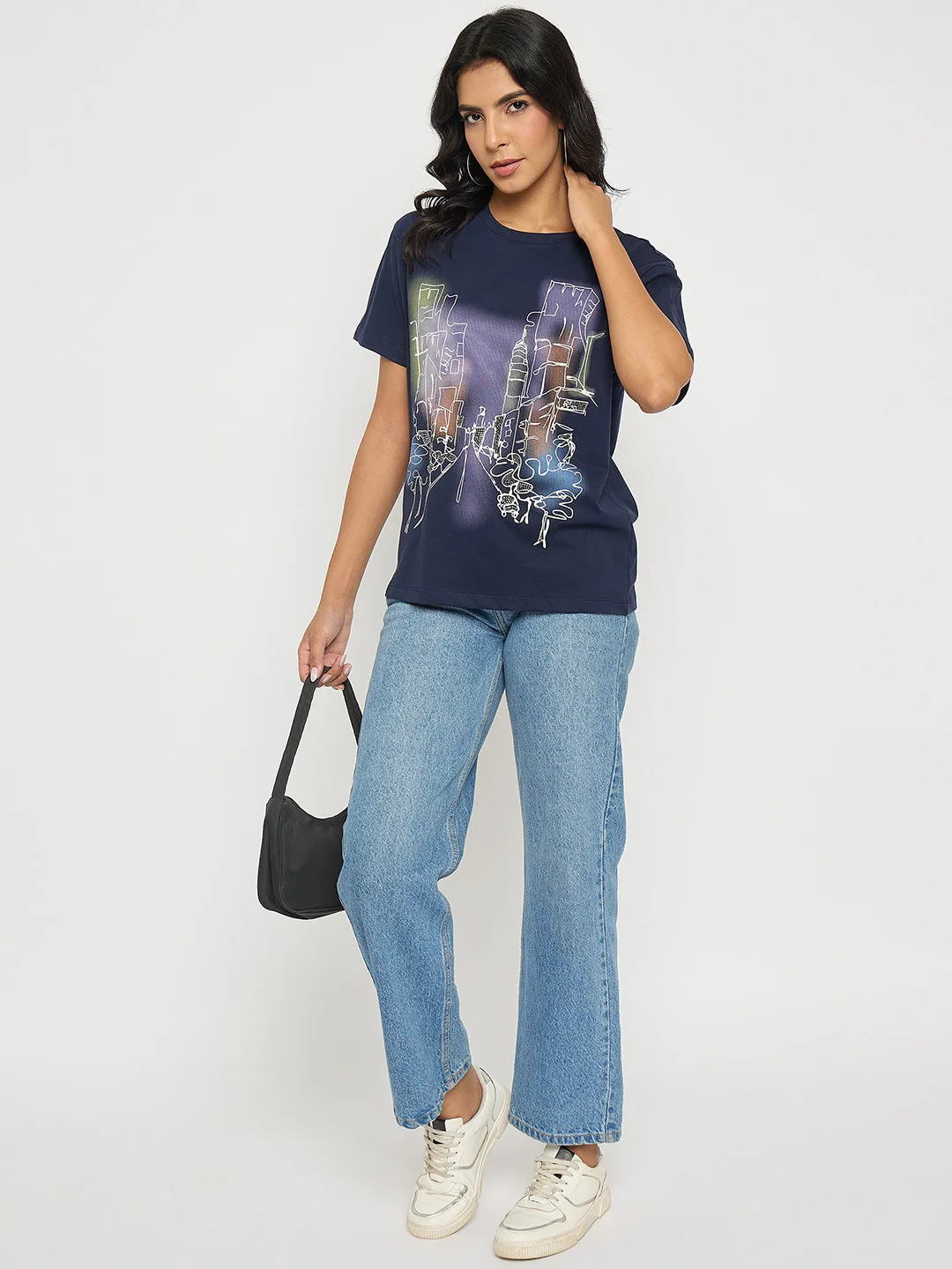 Daily Style Trend Madame Graphic Print Navy Blue Cotton T-shirt
