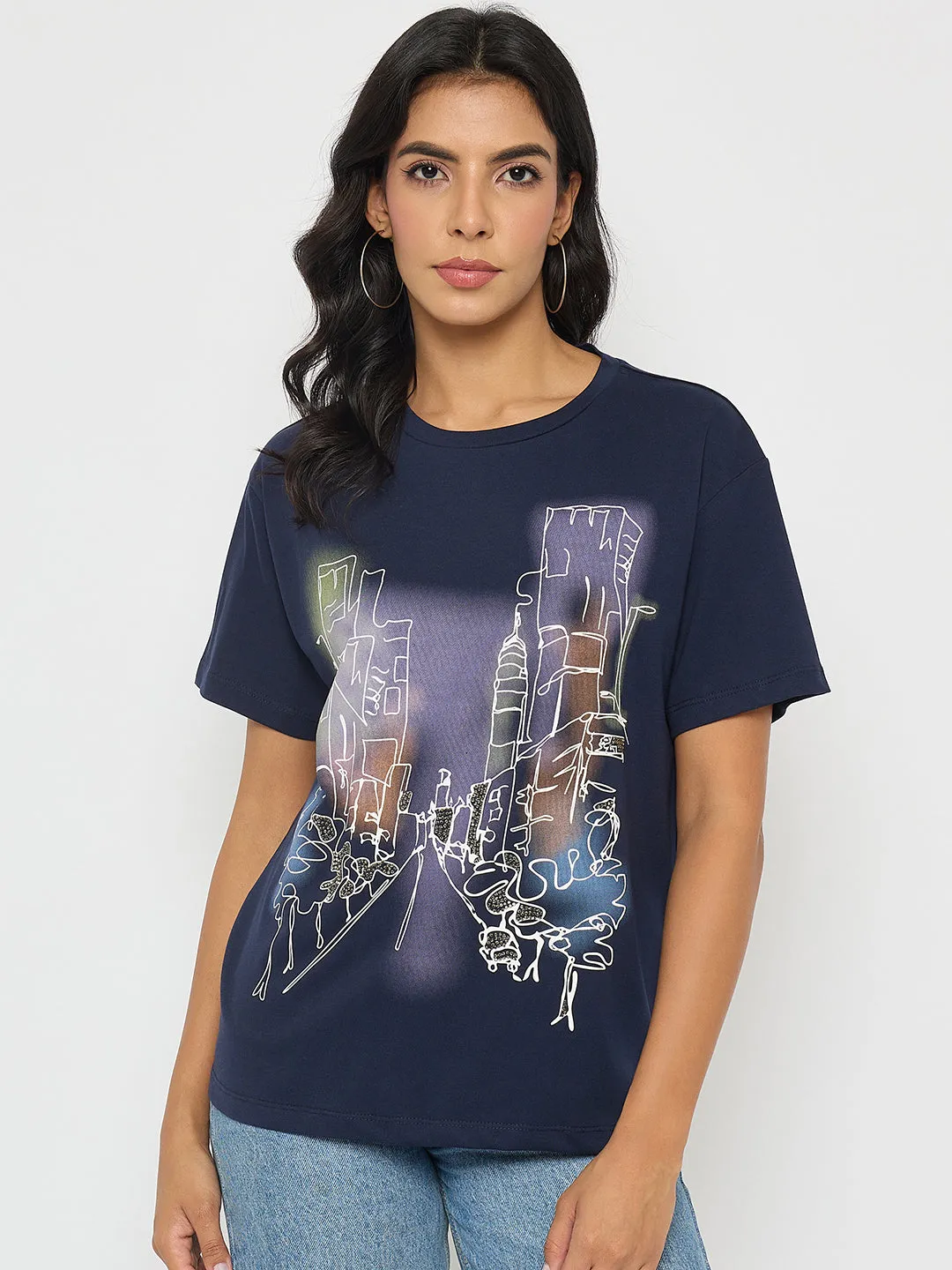 Slim fit sleekness Madame Graphic Print Navy Blue Cotton T-shirt