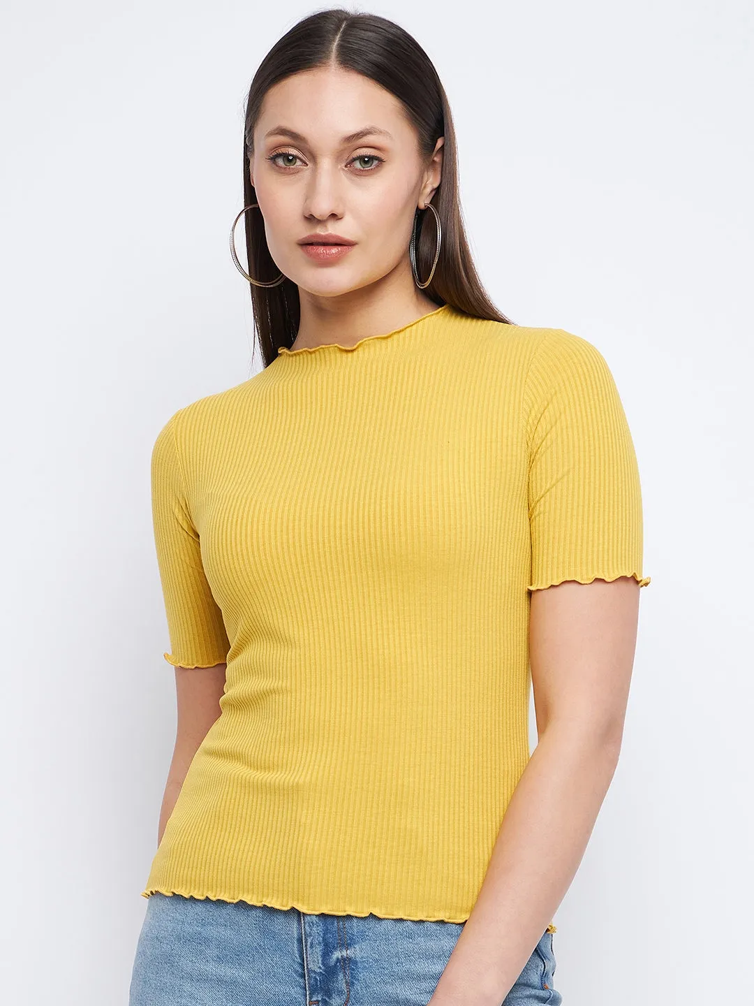 Calm Ease Madame Solid Mustard Yellow Lettuce Hem Top
