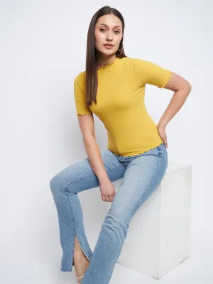 AntiStatic Cloth Madame Solid Mustard Yellow Lettuce Hem Top