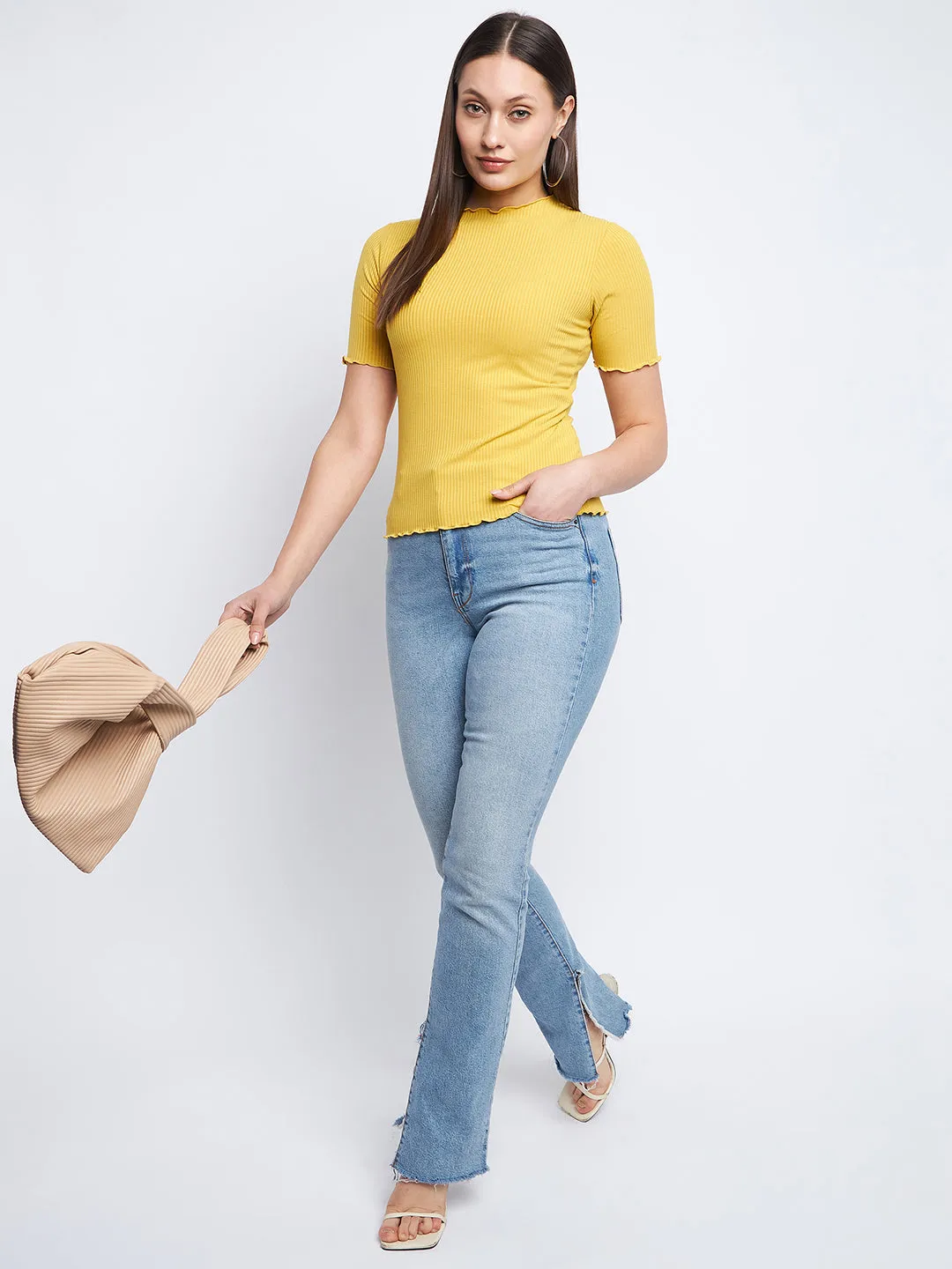 Madame Solid Mustard Yellow Lettuce Hem Top ElasticCuffDesign