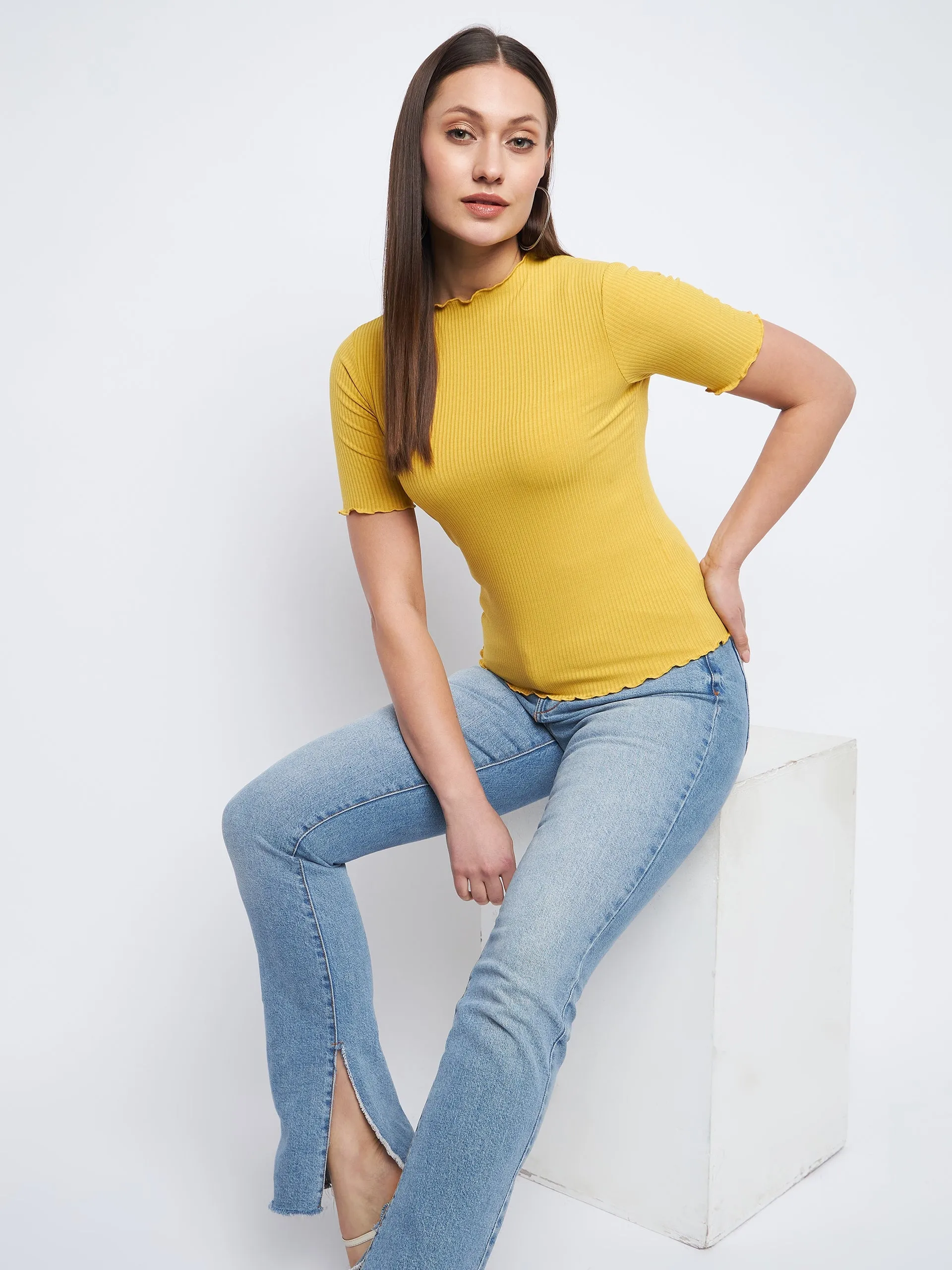 AntiStatic Cloth Madame Solid Mustard Yellow Lettuce Hem Top