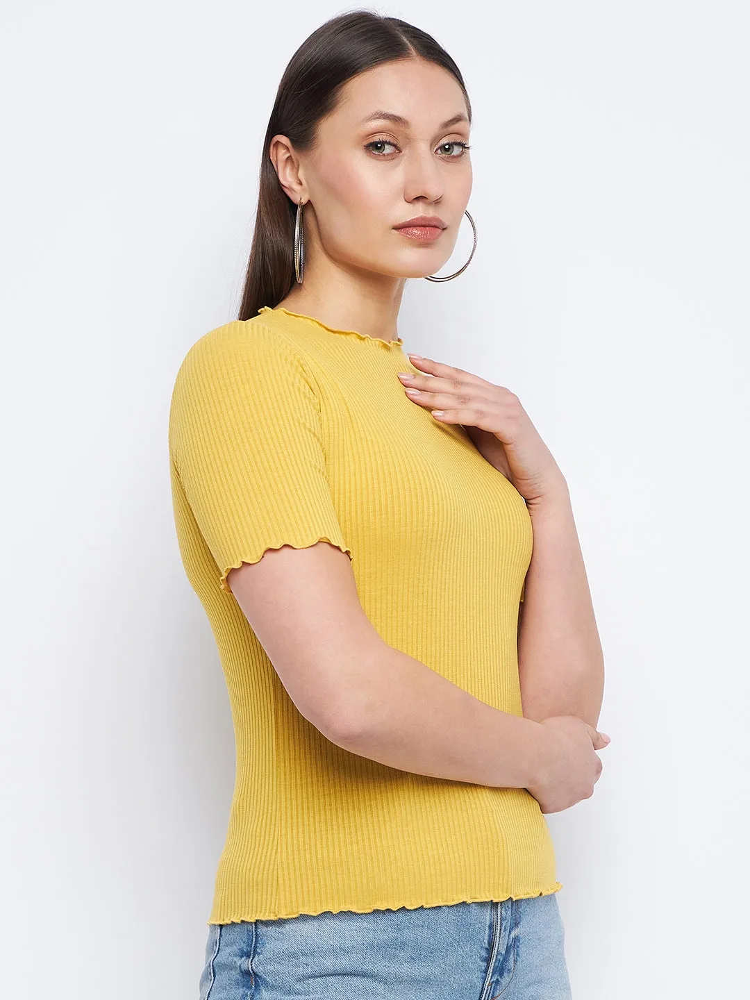 Madame Solid Mustard Yellow Lettuce Hem Top Water Soul Reflective details