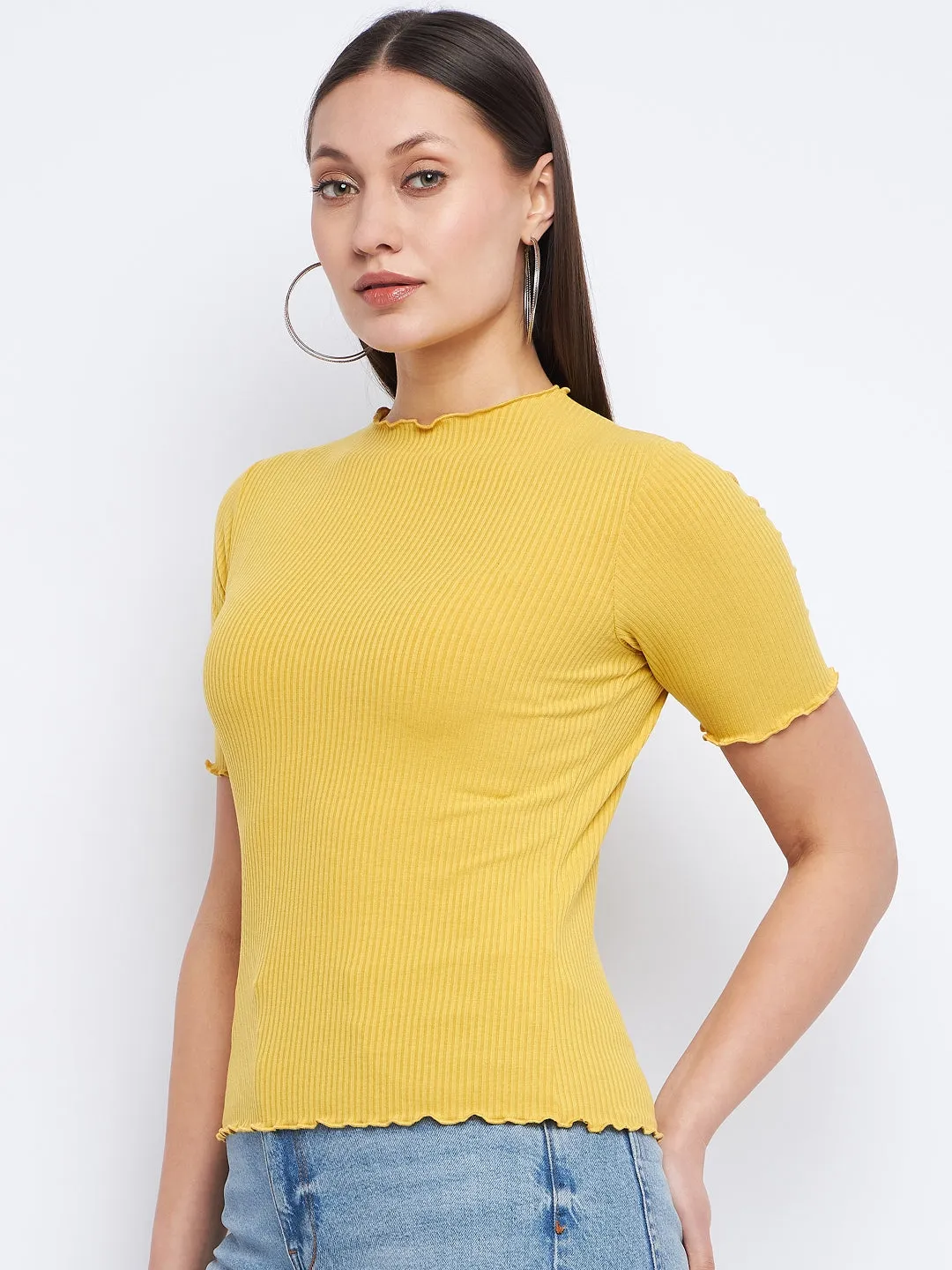 Rush Mode Epic Core Madame Solid Mustard Yellow Lettuce Hem Top