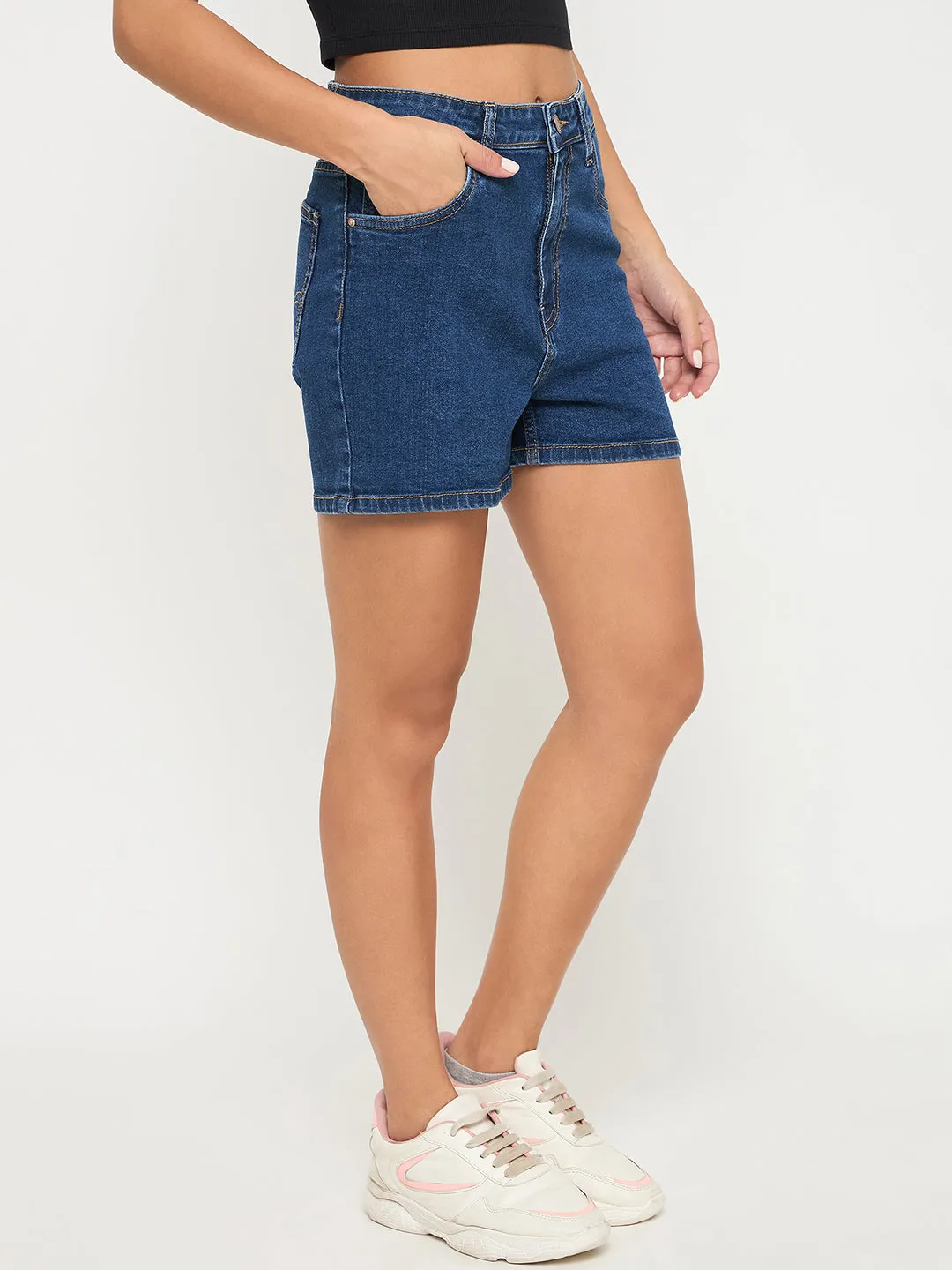 Stylish Bottom Layered Shirt Madame Cotton Blend Solid Mid Blue Denim Shorts