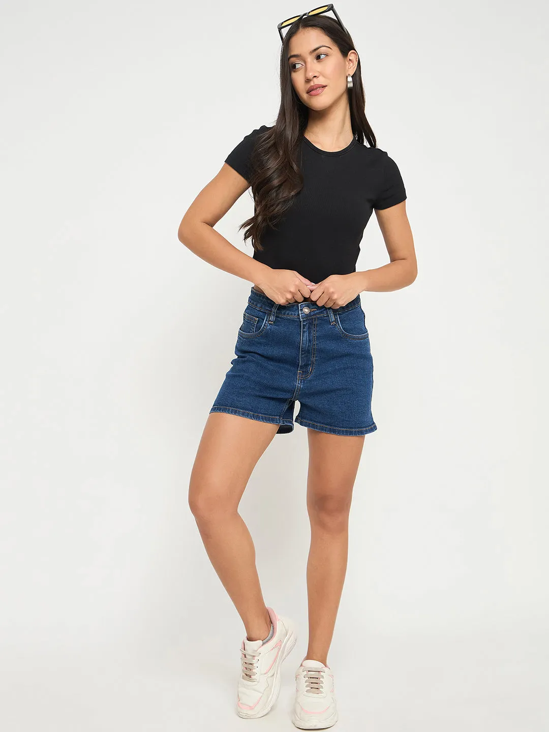Relaxed Fashion Madame Cotton Blend Solid Mid Blue Denim Shorts