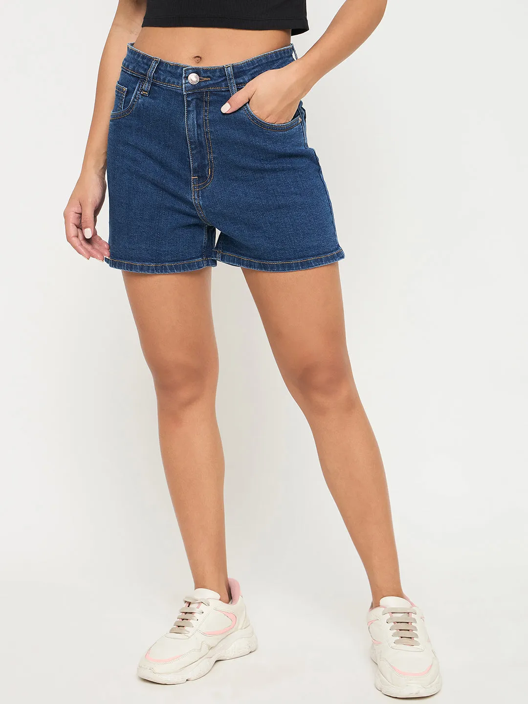 Casual Sweatshirt NonSlipTrim Madame Cotton Blend Solid Mid Blue Denim Shorts