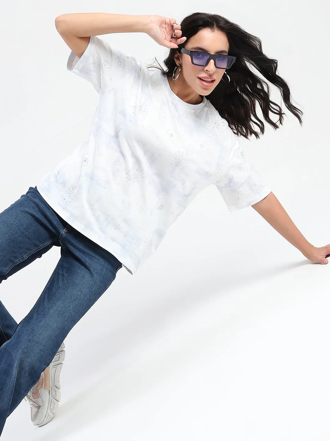 Madame Swarovksi Detailed Tie and Dye Sky Blue T-shirt Sporty and Cool Light and Fresh