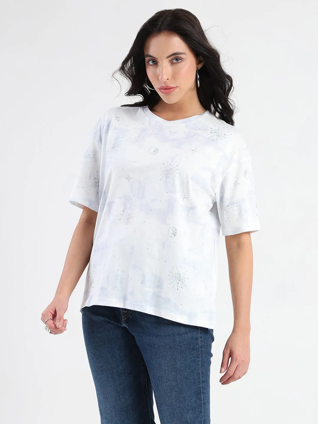 Functional Style Madame Swarovksi Detailed Tie and Dye Sky Blue T-shirt