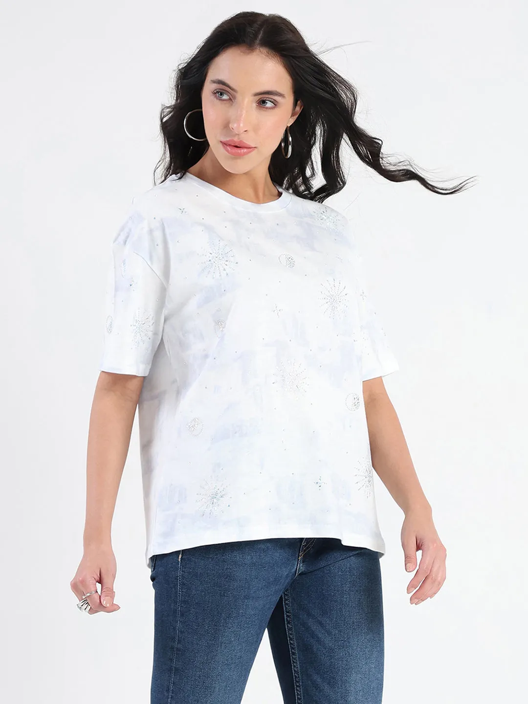 Madame Swarovksi Detailed Tie and Dye Sky Blue T-shirt TearResistant Fabric Layered Hem Detail