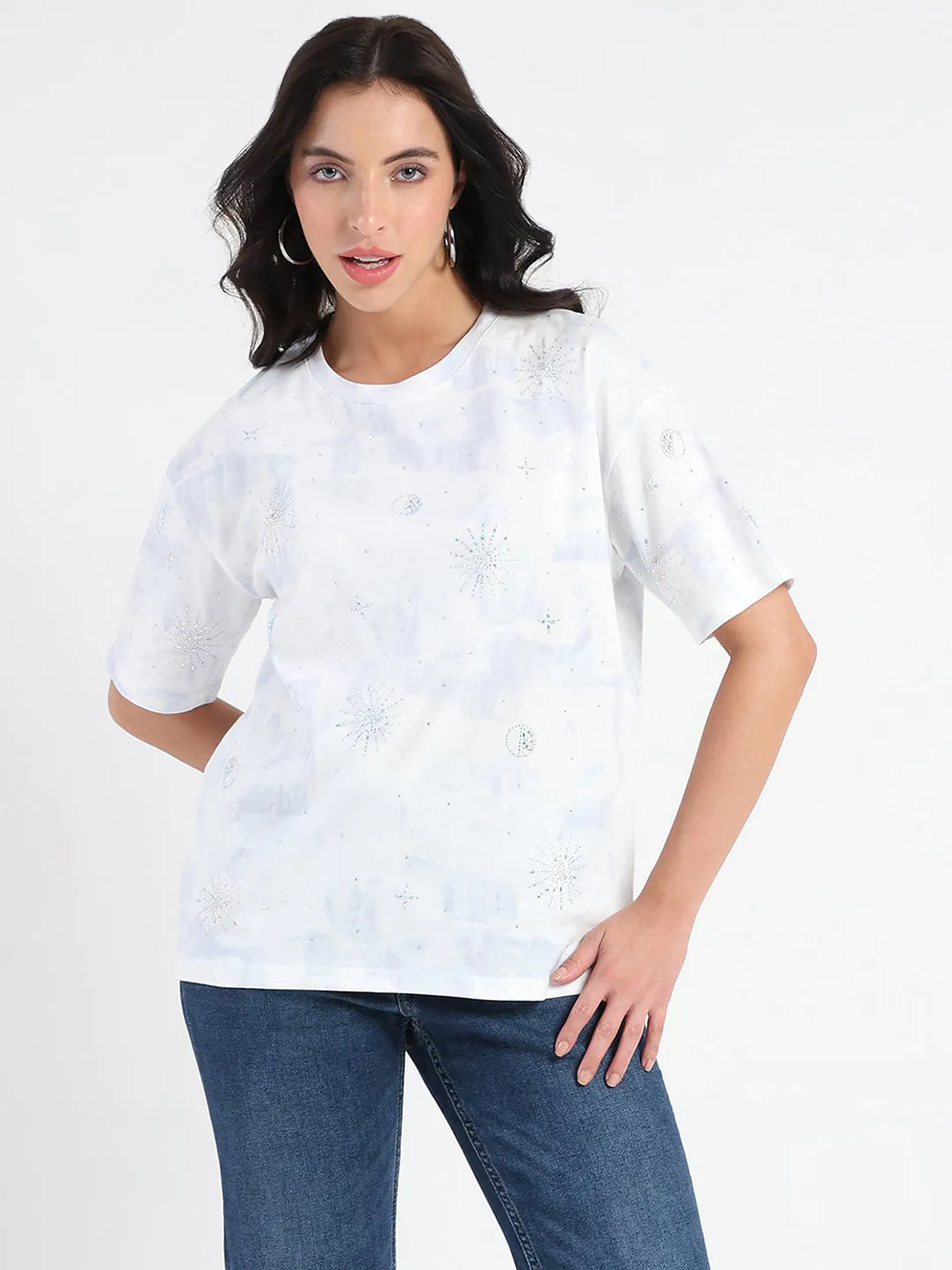 Madame Swarovksi Detailed Tie and Dye Sky Blue T-shirt Comfort and Breathable Modern Twist