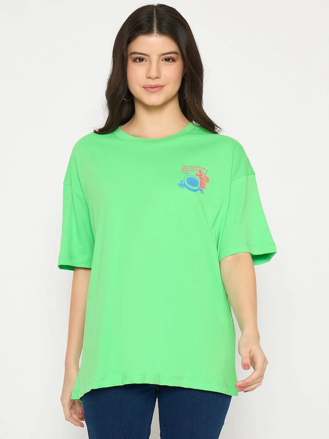 Street Style Fit For Comfort Madame Print Detailing Round Neck Green Cotton T-shirt