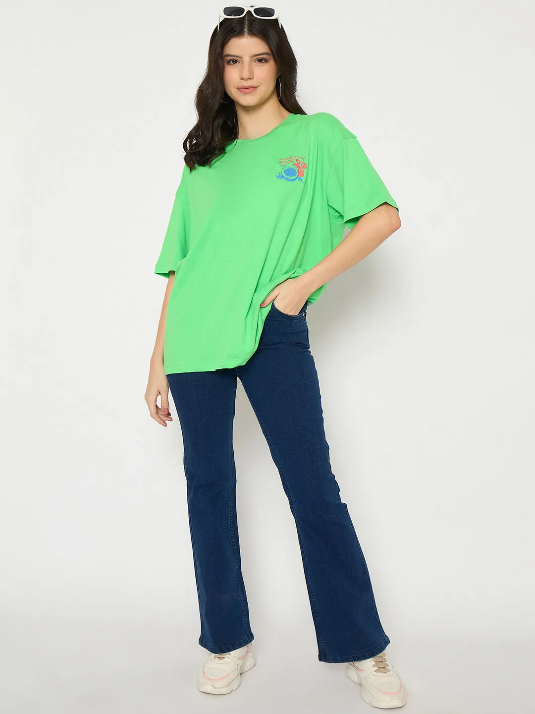 Travel Light Relaxed Vibes Madame Print Detailing Round Neck Green Cotton T-shirt