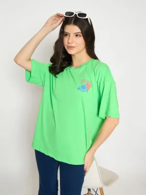 Party fun Simple Comfort Look Madame Print Detailing Round Neck Green Cotton T-shirt