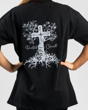 Linen blend spandex blend 'Rooted in Christ' Women??s Oversized T-Shirt