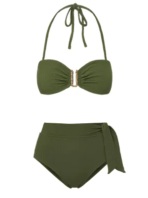 Cindy Top   Side Tie High Waist Bottom in Olive Texture High Compression Support Rash Free Fabric