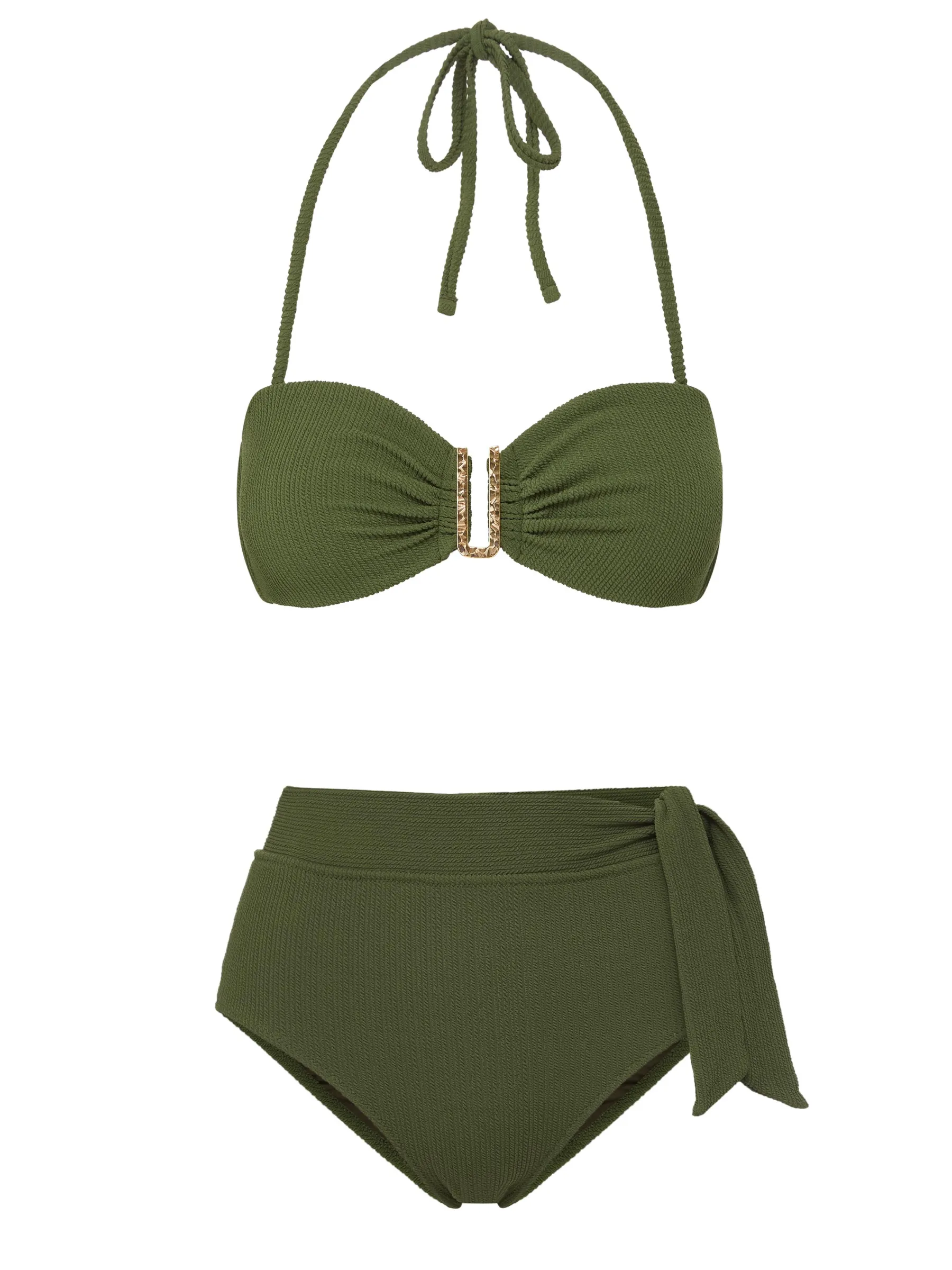 Cindy Top   Side Tie High Waist Bottom in Olive Texture High Compression Support Rash Free Fabric