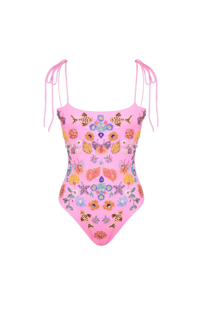 Mirrored Sea One Piece Swimsuit Pink Textured-Surface Coastal-Style