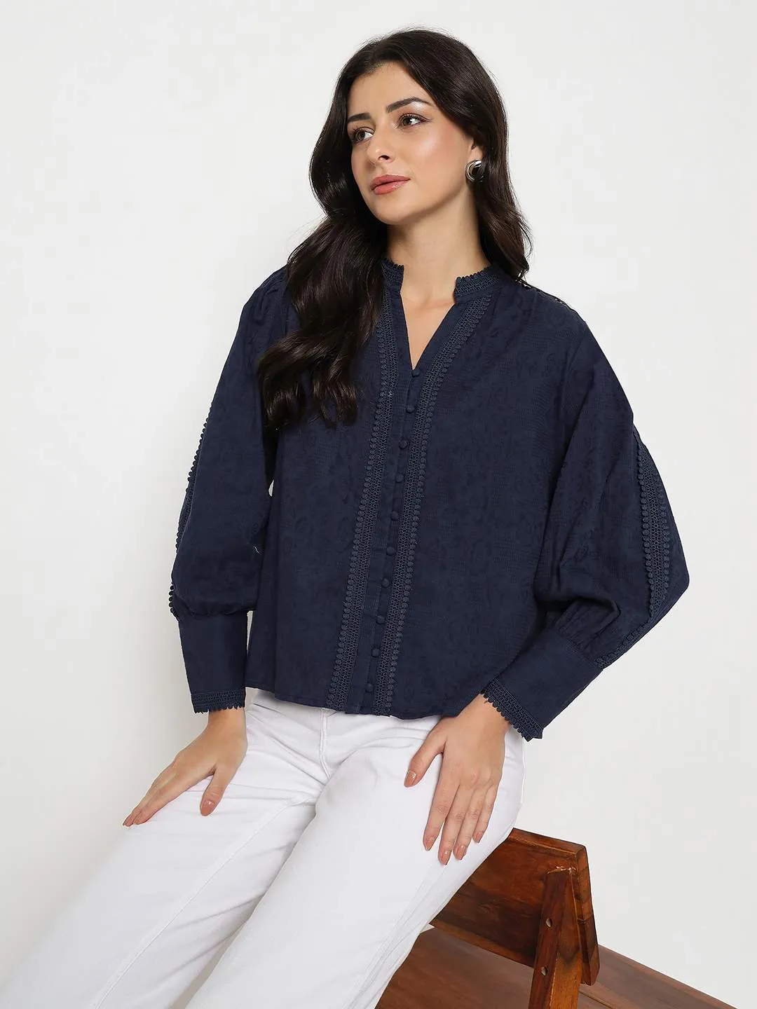 Stone Glow Madame Gathered Shoulders Navy Blue Cotton Top