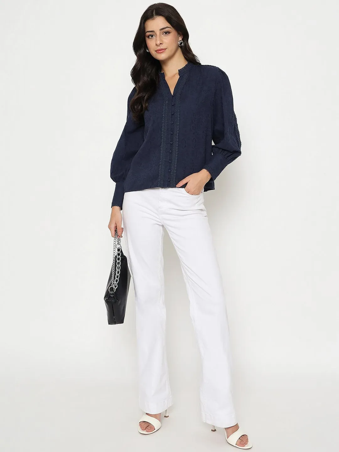 Flex Fit Madame Gathered Shoulders Navy Blue Cotton Top