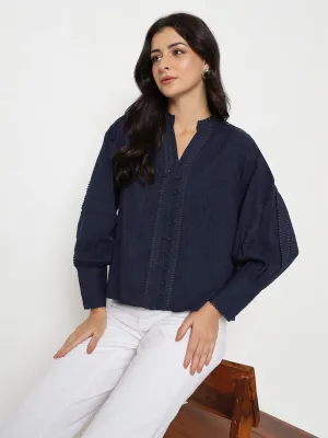 Stone Glow Madame Gathered Shoulders Navy Blue Cotton Top