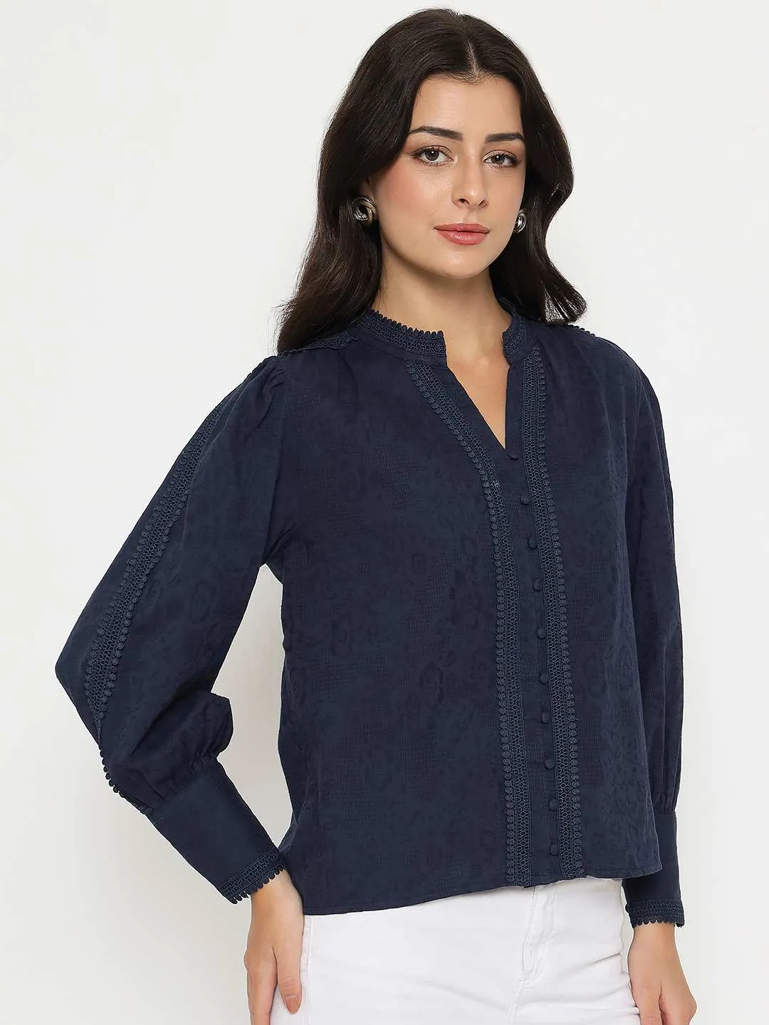 Unique Cut Madame Gathered Shoulders Navy Blue Cotton Top