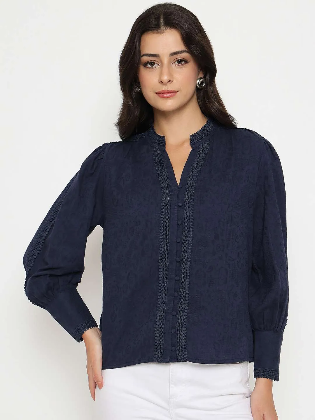 Madame Gathered Shoulders Navy Blue Cotton Top MultiPanelDesign