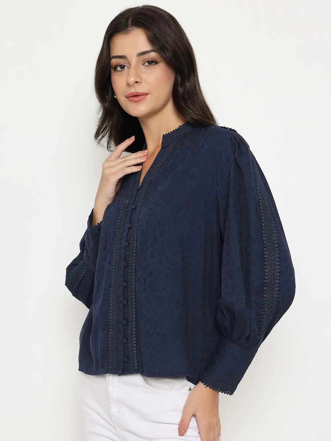 Madame Gathered Shoulders Navy Blue Cotton Top MeshVentilation