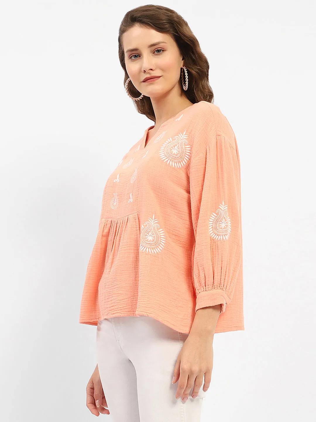 Madame Balloon Sleeve Peach Chikankari Work Top Glow Core