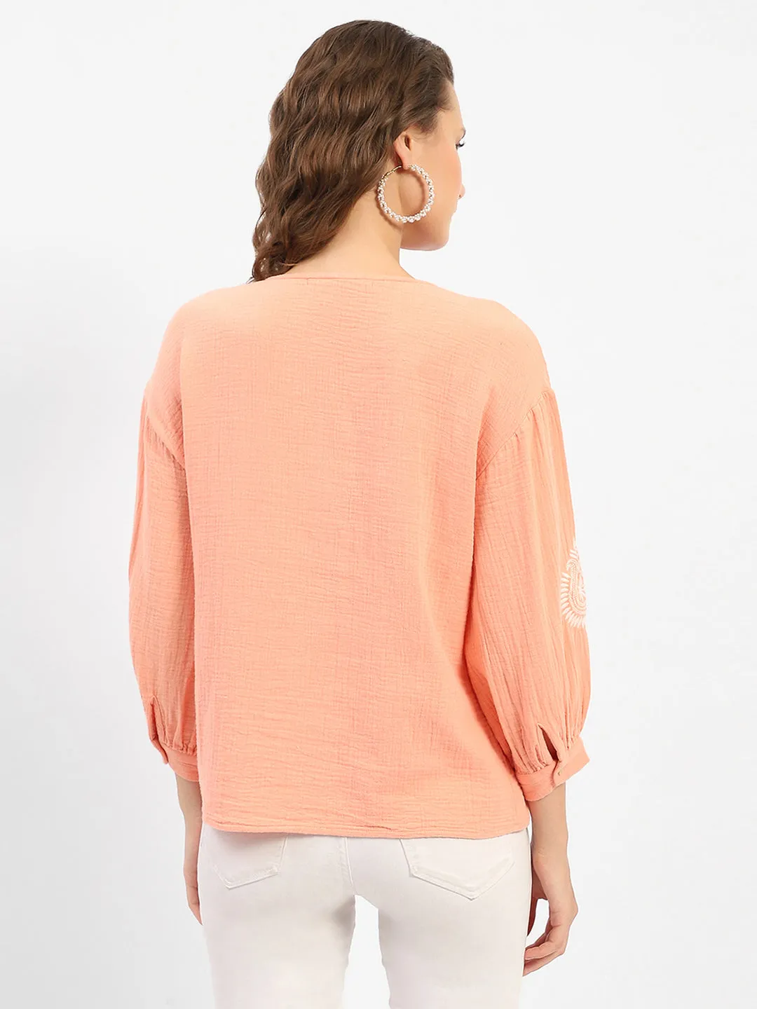 Stretch Ease Spanish Glow Madame Balloon Sleeve Peach Chikankari Work Top