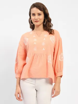 Madame Balloon Sleeve Peach Chikankari Work Top FlexibleCuff